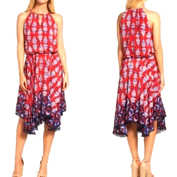 Maggy London Dresses & Skirts - Maggy London Red and Blue Pattern Handkerchief Hemline Dress Size 2